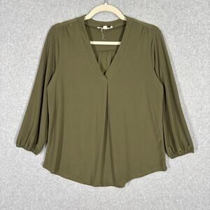 Vince Camuto Blouse Small Knit Stretch Popover Flowy Slinky‎ Army Olive Career